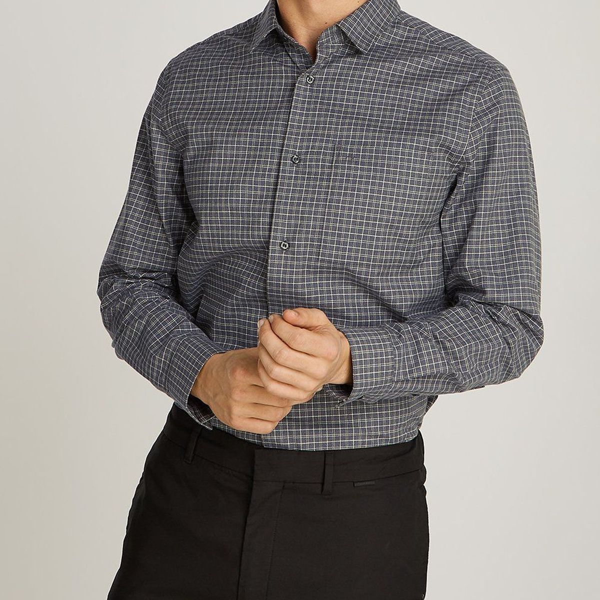 CALVIN KLEIN - Camisa gris de cuadros de sarga elástica Calvin Klein