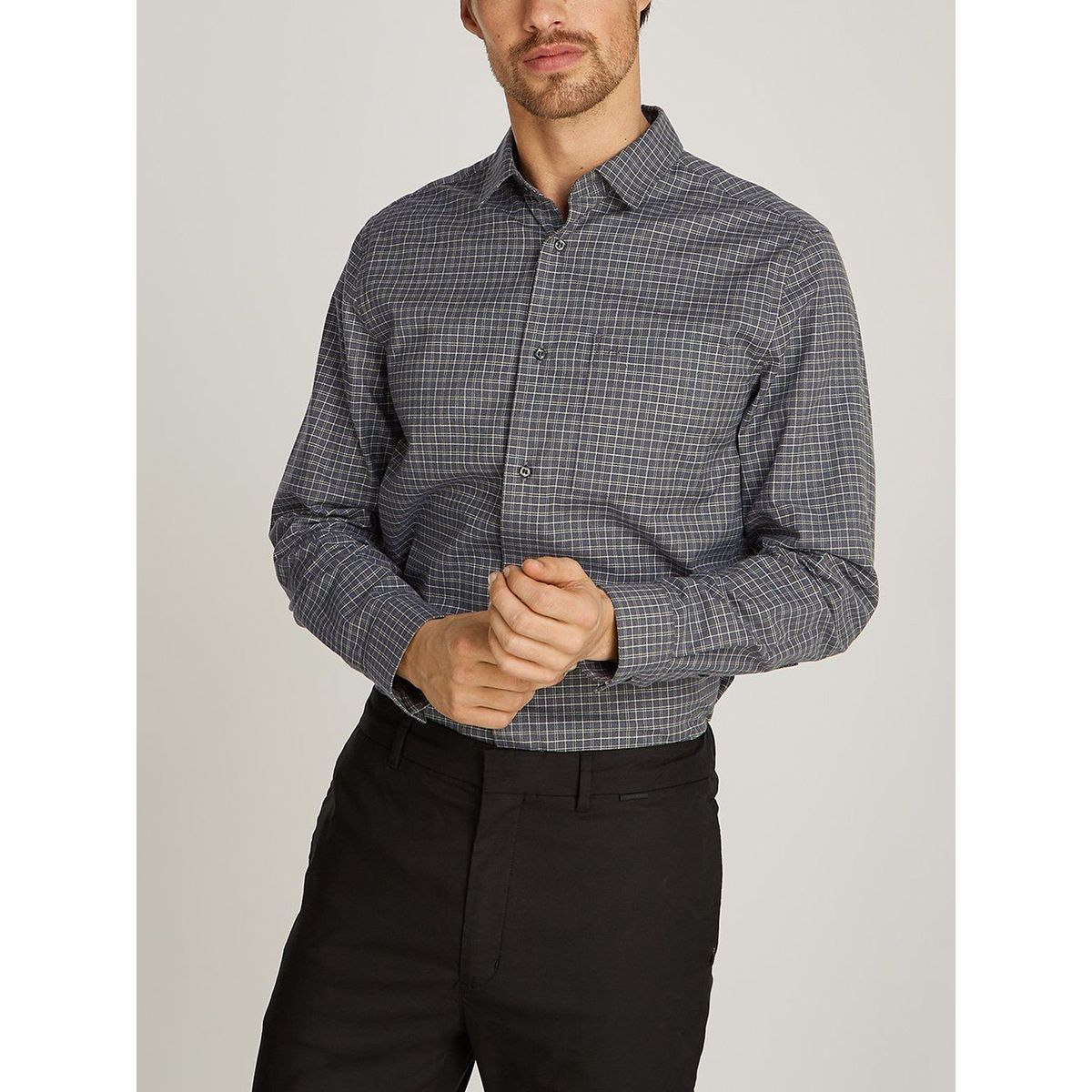 CALVIN KLEIN - Camisa gris de cuadros de sarga elástica Calvin Klein