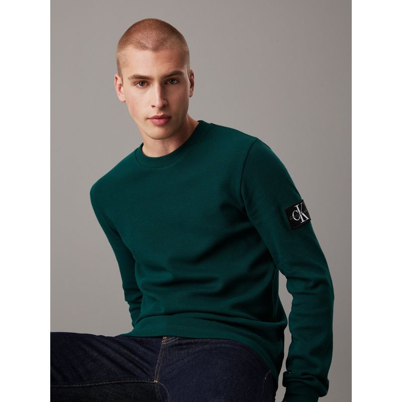 CALVIN KLEIN - Camiseta verde slim de manga larga de punto gofrado Calvin Klein
