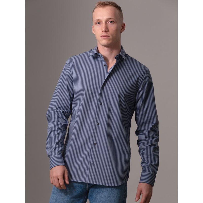 CALVIN KLEIN - Camisa azul elástica a rayas de popelina Calvin Klein