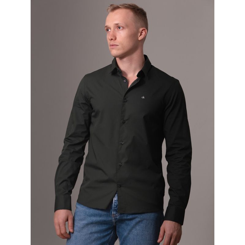 CALVIN KLEIN - Camisa verde slim de popelín elástico Calvin Klein