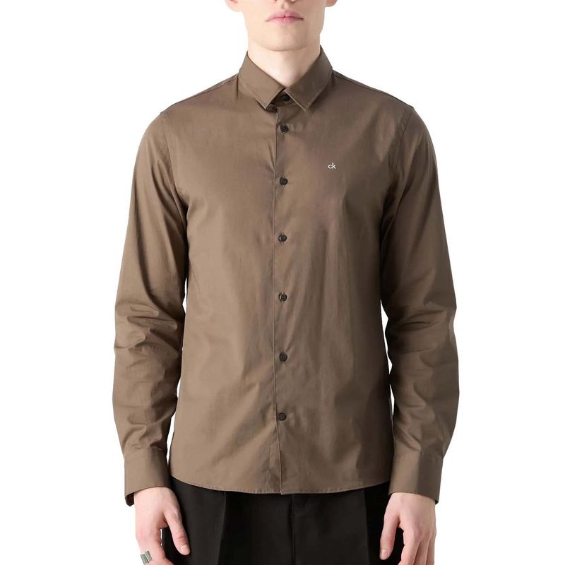 CALVIN KLEIN - Camisa verde slim de popelín elástico Calvin Klein