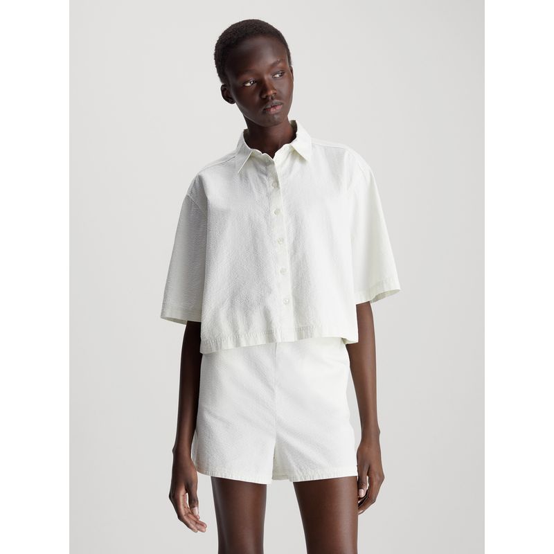 Camisa blanca de espalda anudada de sirsaca de algodón Calvin