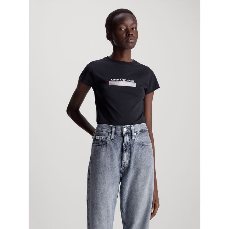 CALVIN KLEIN - Camiseta Negra Slim Diffused Box Para Mujer Calvin Klein
