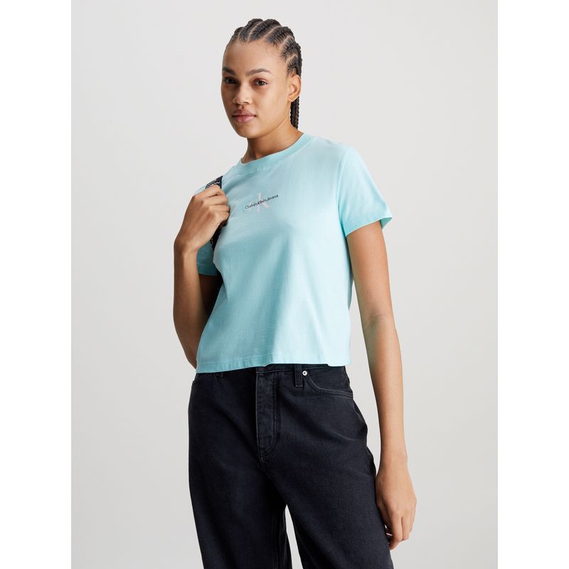 CALVIN KLEIN - Camiseta Celeste Cropped Con Monologo Para Mujer Calvin Klein