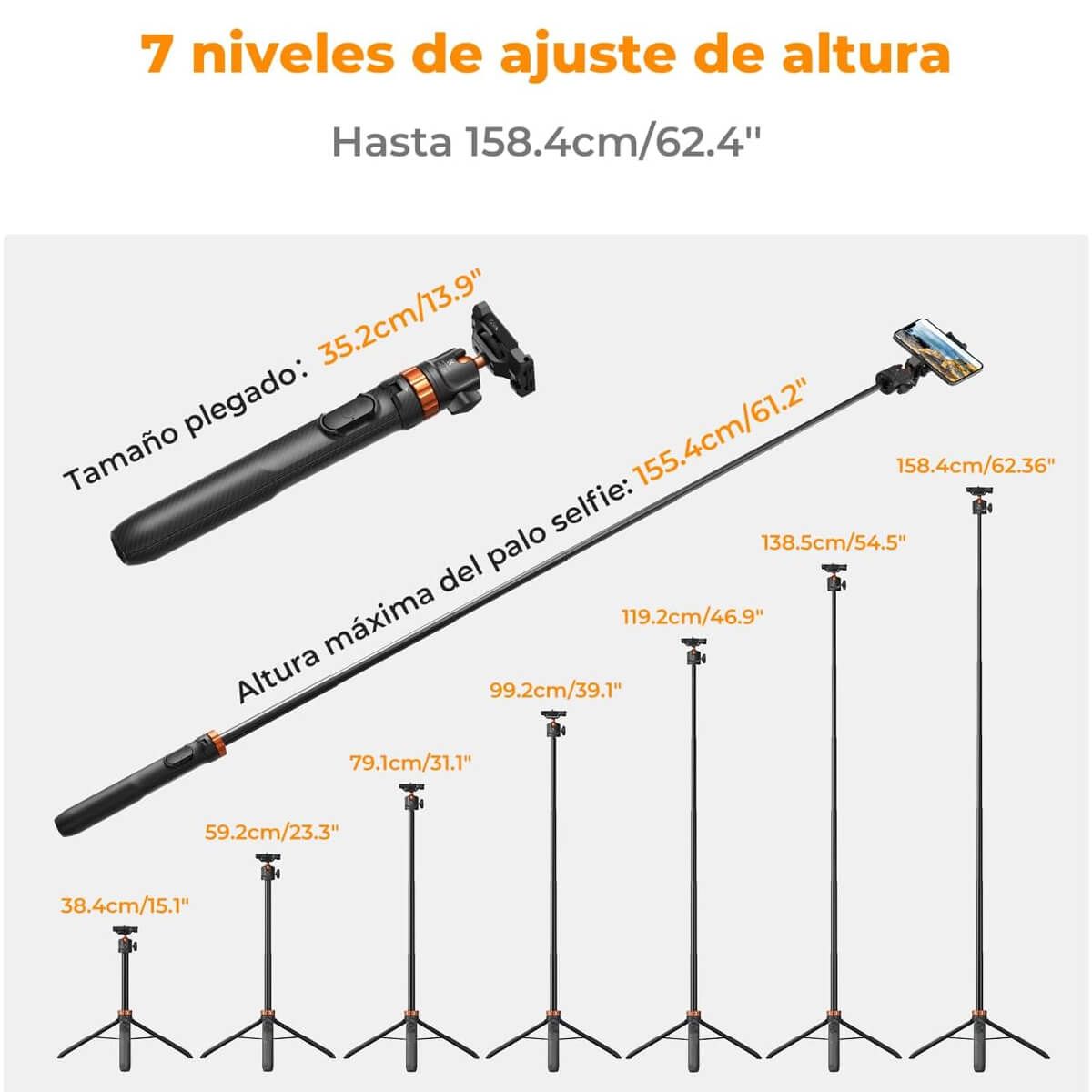 K&F CONCEPT - Tripode Selfie K&F 3-en1 para Celular Camara y GoPro