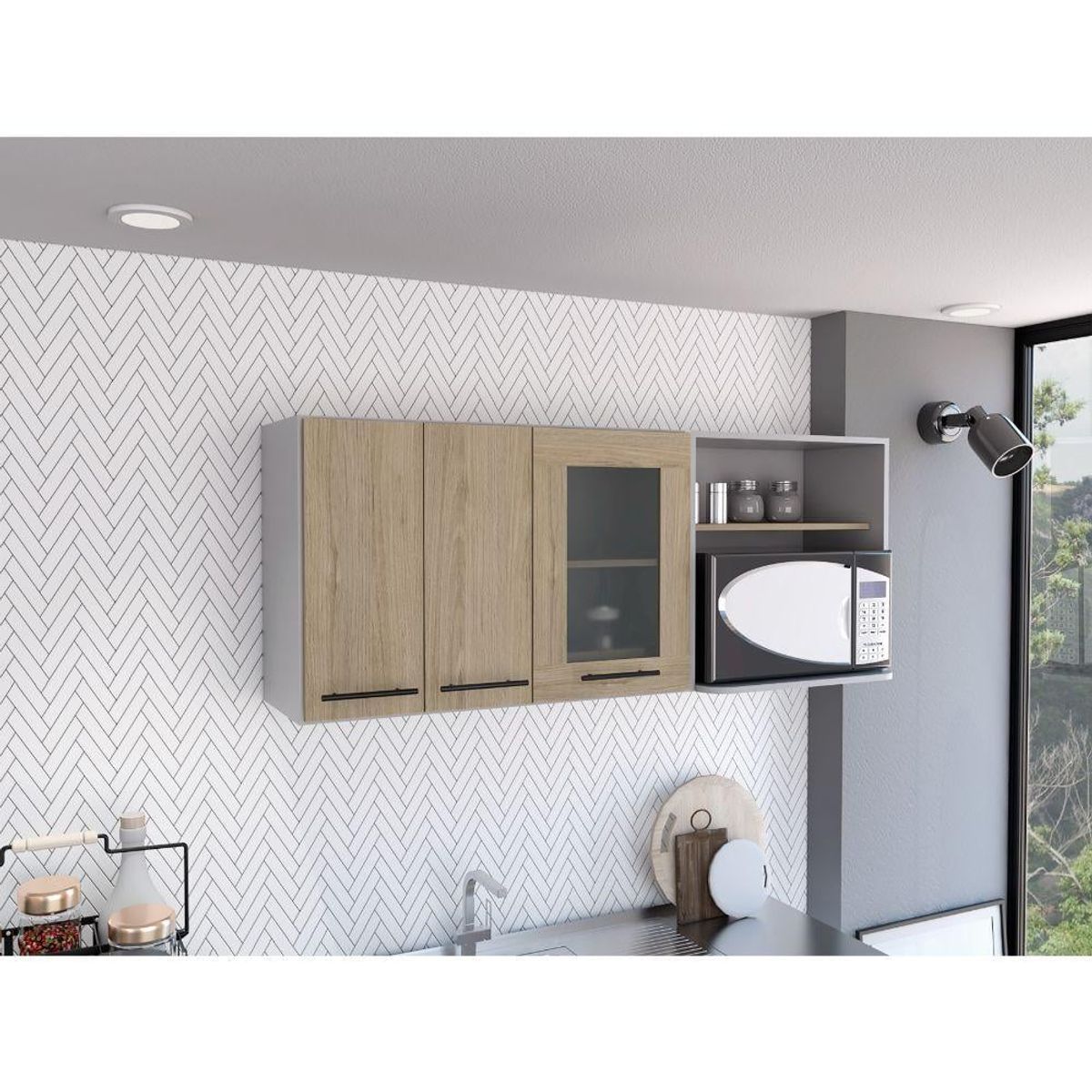 RTA DESIGN - Gabinete Superior Frelloc Beige y Gris con Dos Puertas y Espacio Para Ubicar Microondas ZF