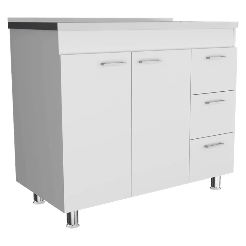 RTA DESIGN - Gabinete Inferior Stella Blanco Perla con Dos Puertas Batientes y Tres Cajones Deslizables con Mesón Izquierdo
