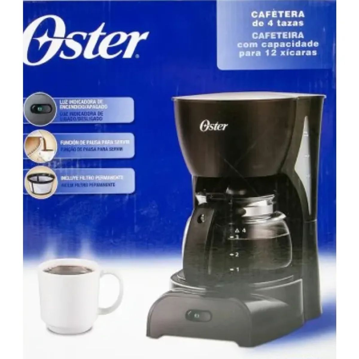 OSTER - Cafetera Oster 5 Tazas Negra Filtro Permanente Jarra Vidrio Automática