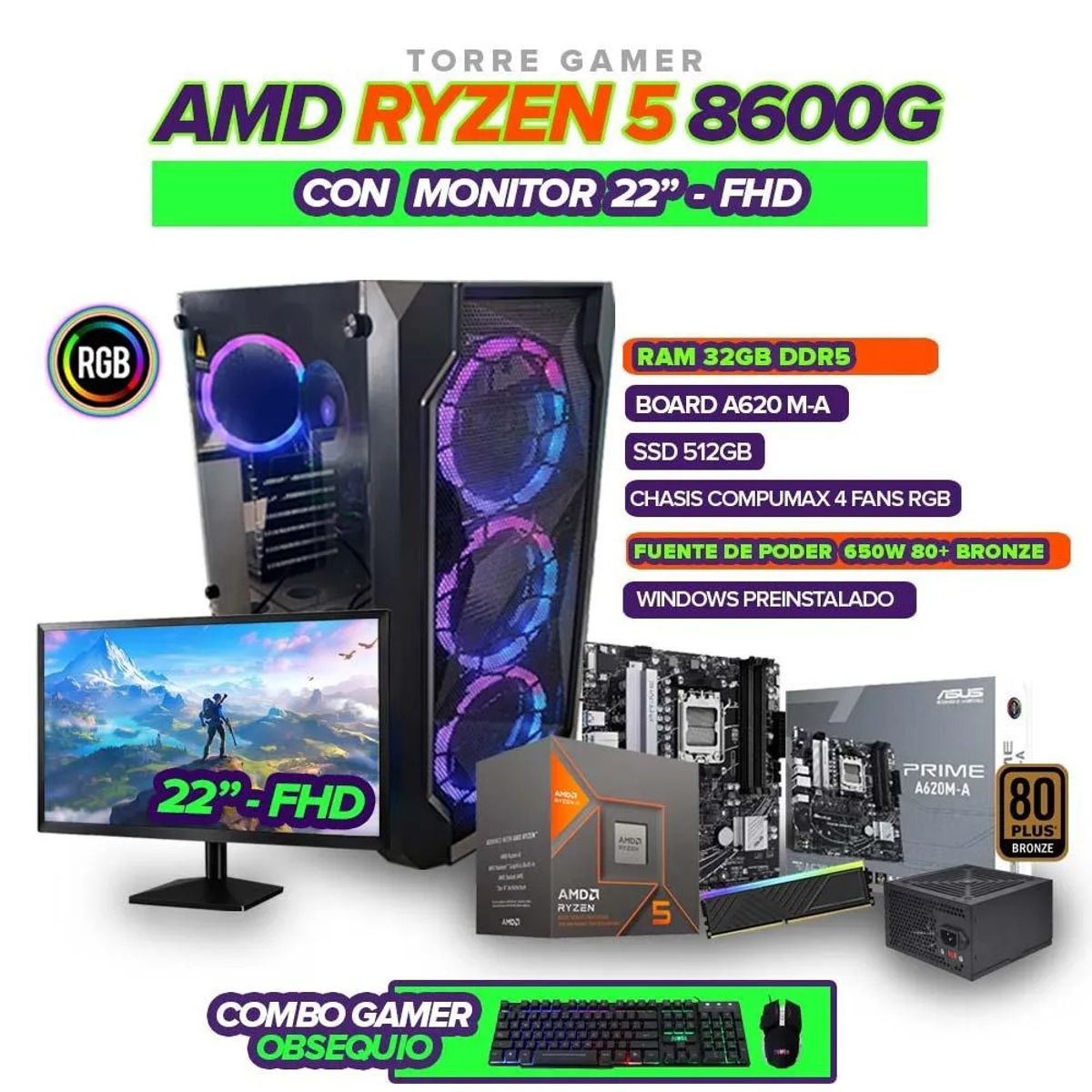 AMD - PC Gamer Ryzen 5 8600G/32GB DDR5/SSD 512GB/Monitor 22” 100Hz