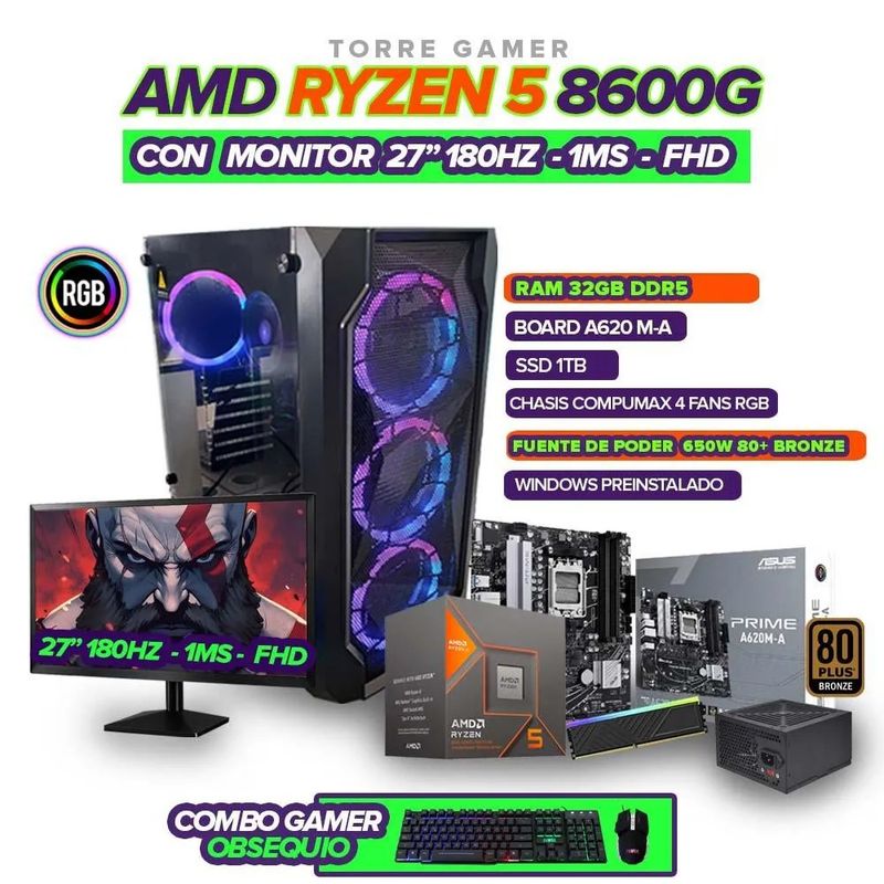 AMD - PC Gamer Ryzen 5 8600G/32GB DDR5/SSD 1TB/Monitor 27'' 180Hz