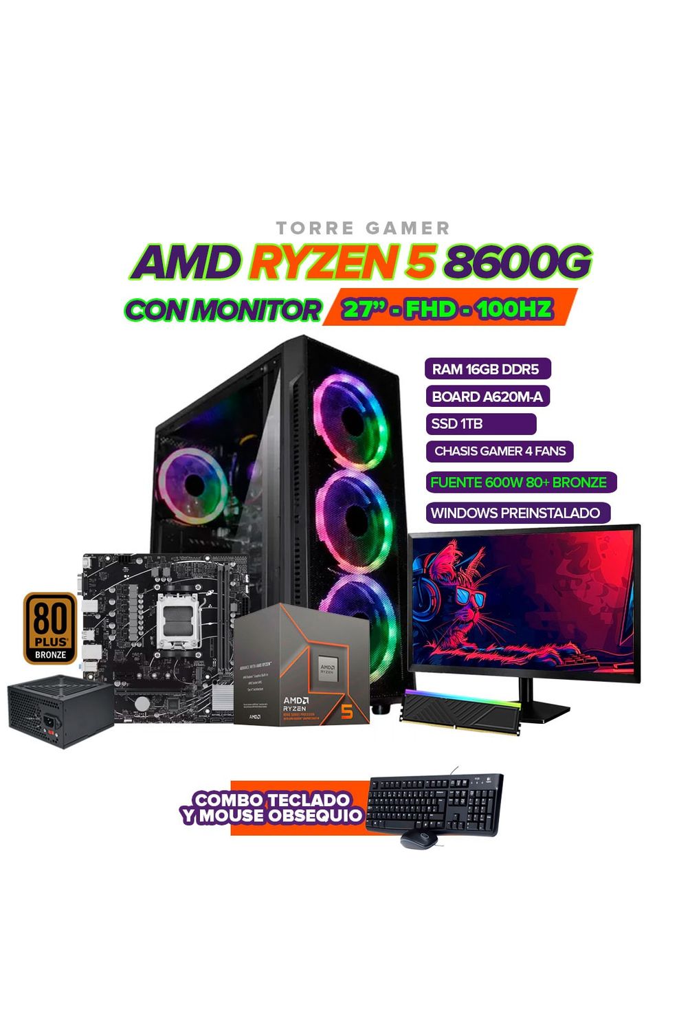 PC Gamer Ryzen 5 8600G/16GB DDR5 / SSD 1 TB / Monitor 27” 100Hz