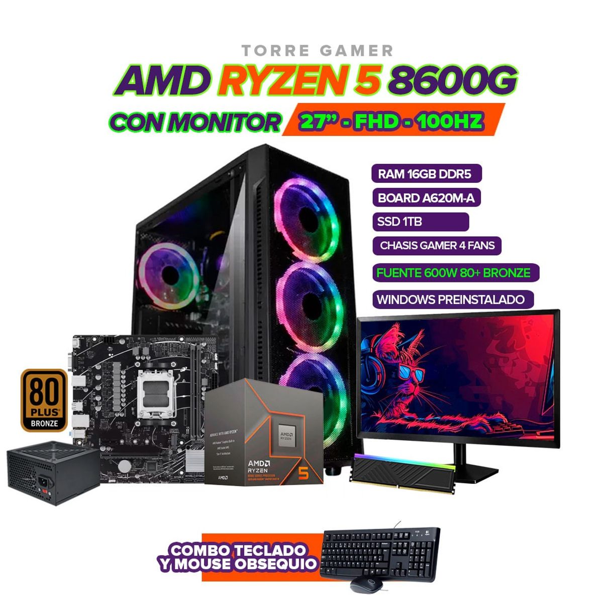 AMD - PC Gamer Ryzen 5 8600G/16GB DDR5 / SSD 1 TB / Monitor 27” 100Hz