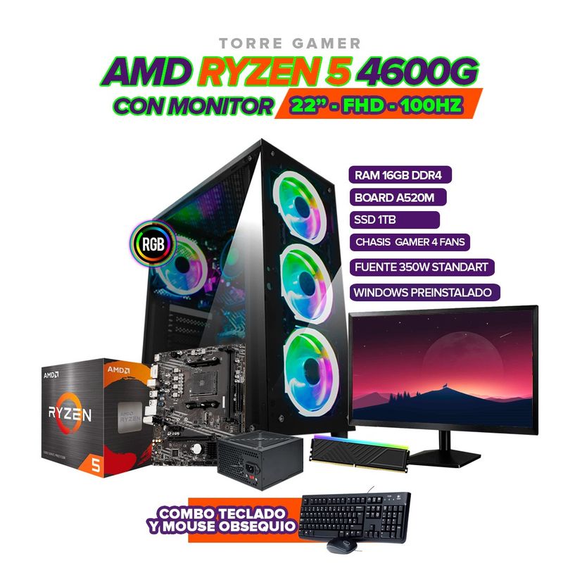 AMD - PC Gamer Ryzen 5 4600G con Monitor 22” FHD 100Hz/32GB DDR4/SSD 1TB