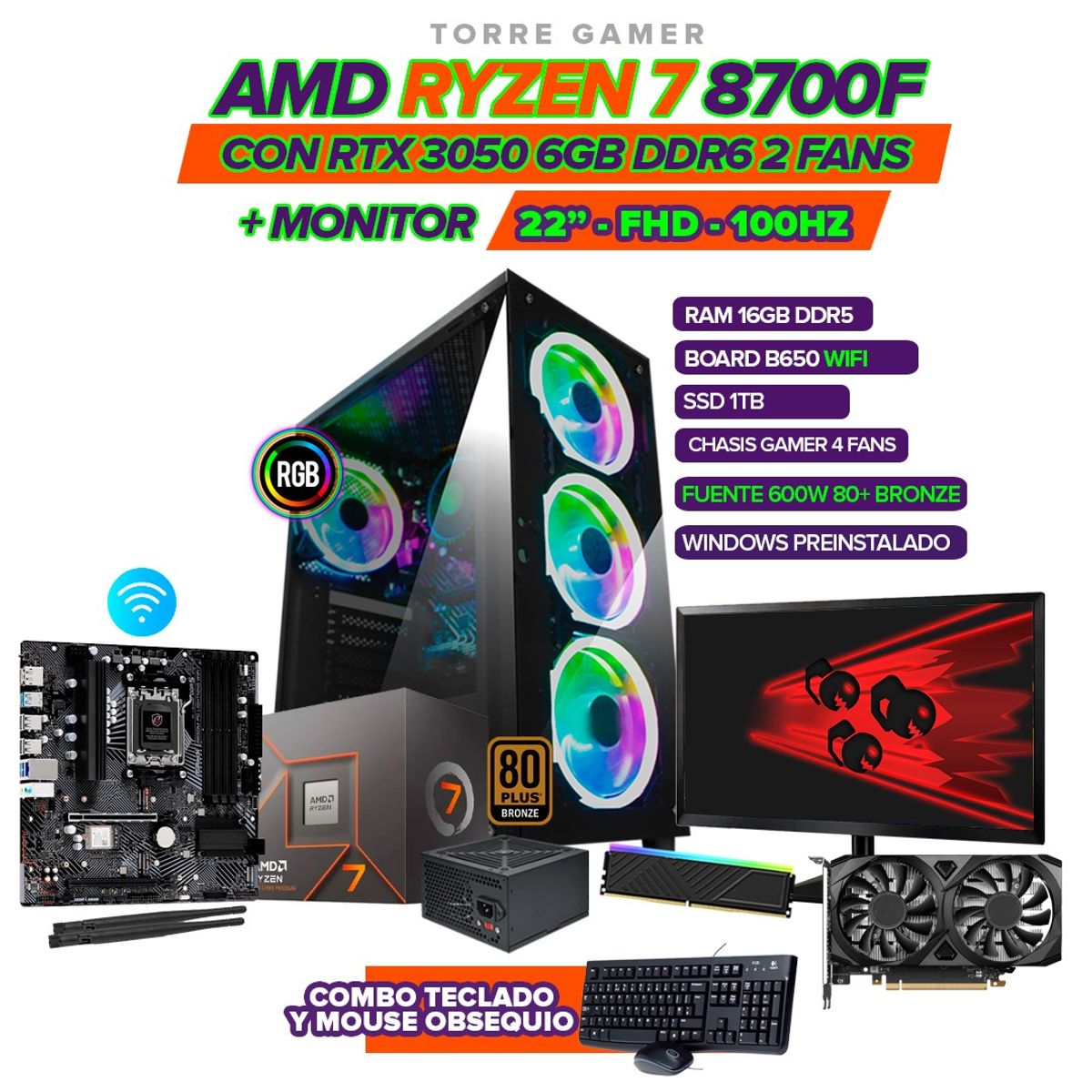 AMD - TORRE GAMER AMD RYZEN 7 8700F/RTX 3050 6GB/16GB DDR5/SSD 1TB/MONITOR 22"