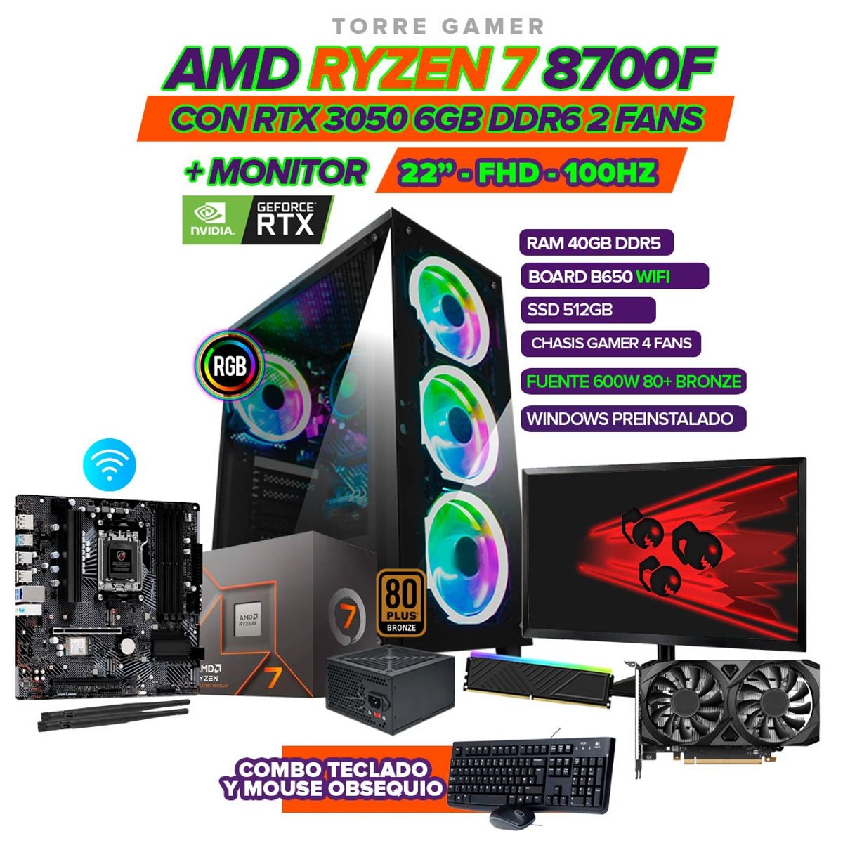 AMD - TORRE GAMER AMD RYZEN 7 8700F - RTX 3050 6GB - 40GB DDR5 - SSD 512GB - MONITOR 22"