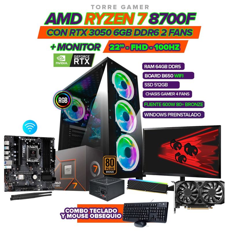 AMD - TORRE GAMER AMD RYZEN 7 8700F/RTX 3050 6GB/64GB DDR5/SSD 512GB/MONITOR 22"