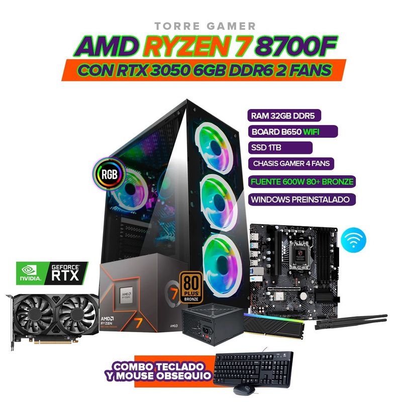 AMD - TORRE GAMER AMD RYZEN 7 8700F - RTX 3050 6GB - 32GB DDR5 - SSD 1TB