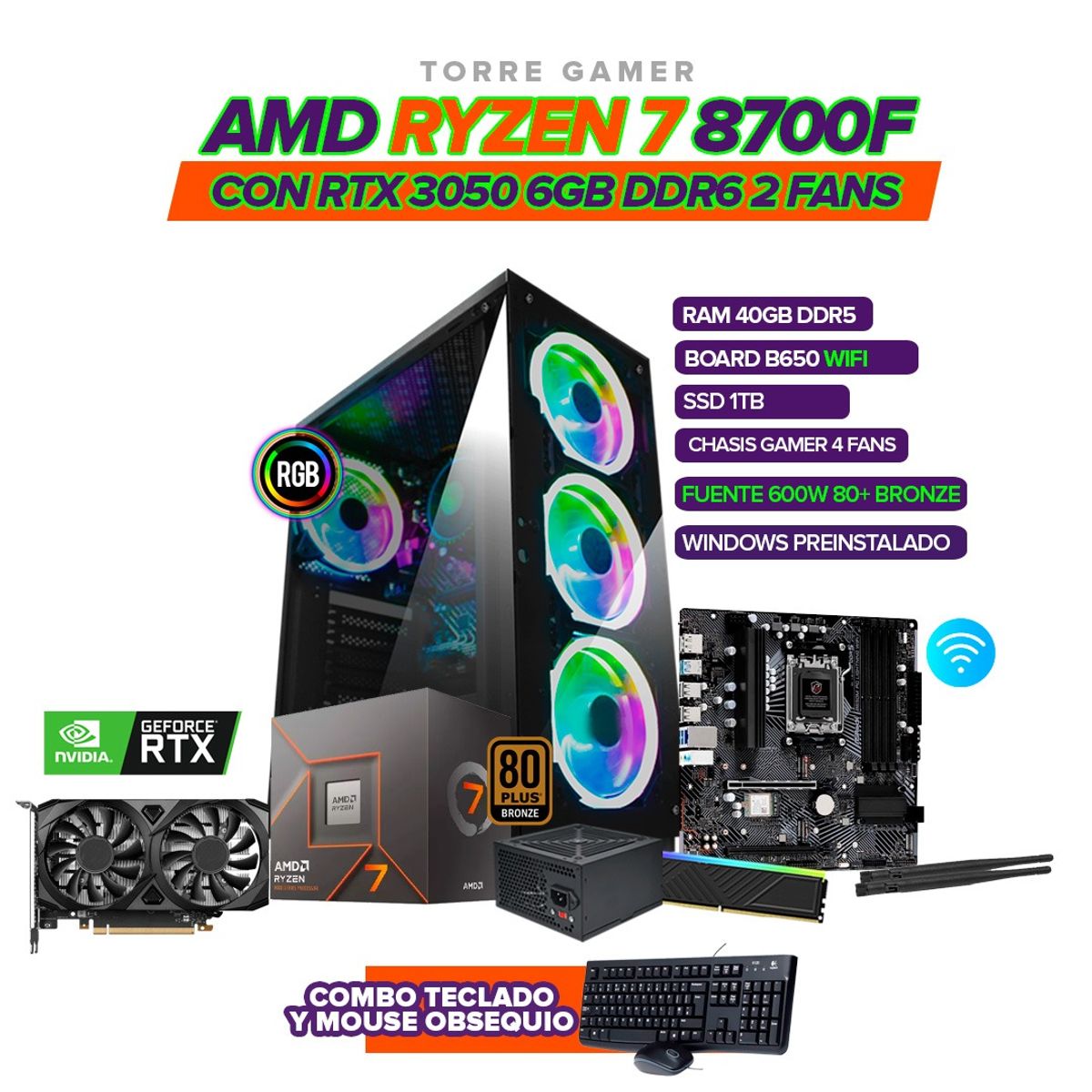 AMD - TORRE GAMER AMD RYZEN 7 8700F/RTX 3050 6GB/40GB DDR5/SSD 1TB