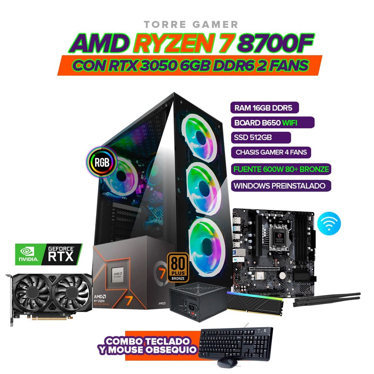 AMD - PC Gamer AMD Ryzen 7 8700F/RTX 3050 6GB/16GB DDR5/512GB SSD