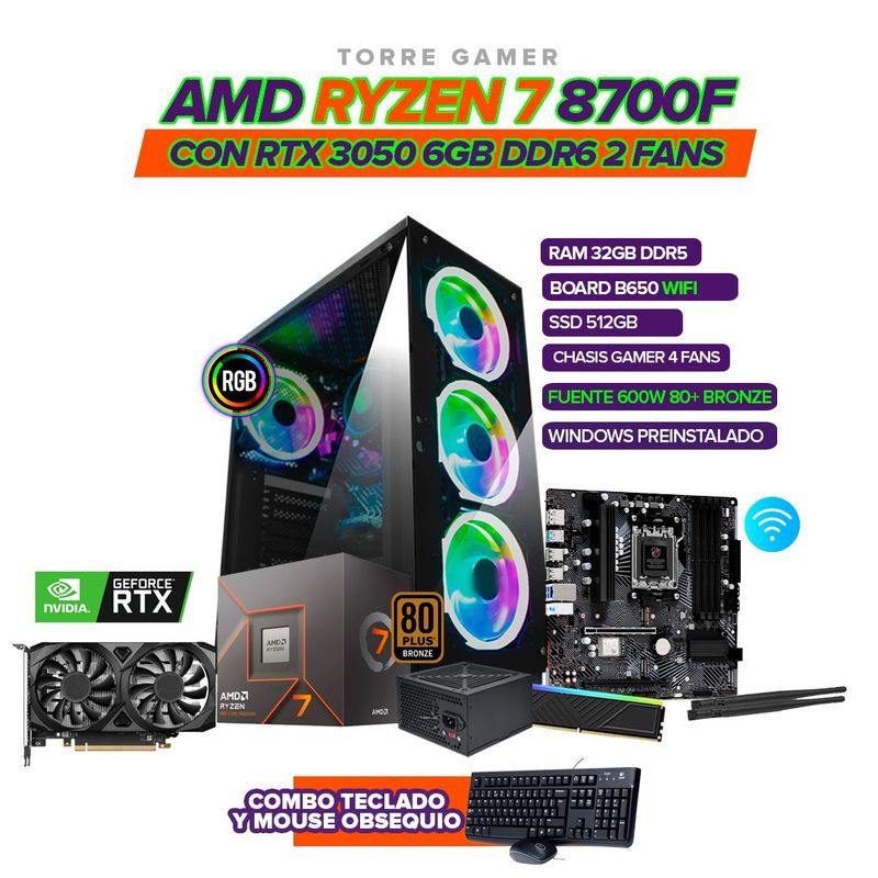 AMD - PC Gamer AMD Ryzen 7 8700F/RTX 3050 6GB/32GB DDR5/512GB SSD