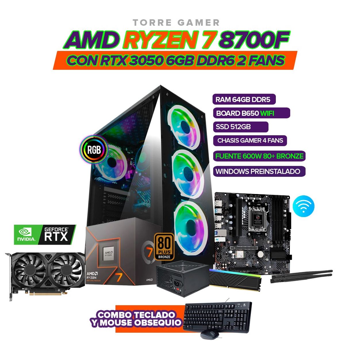 AMD - PC Gamer AMD Ryzen 7 8700F/RTX 3050 6GB/ B650- WiFi /64GB DDR5/512GB SSD