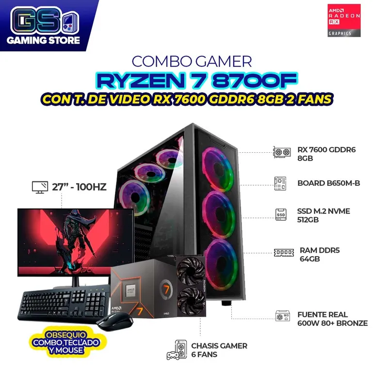 AMD - PC GAMER R7 8700F RX 7600 8GB RAM 64GB DDR5 SSD 512GB + MONITOR 27" FHD + COMBO