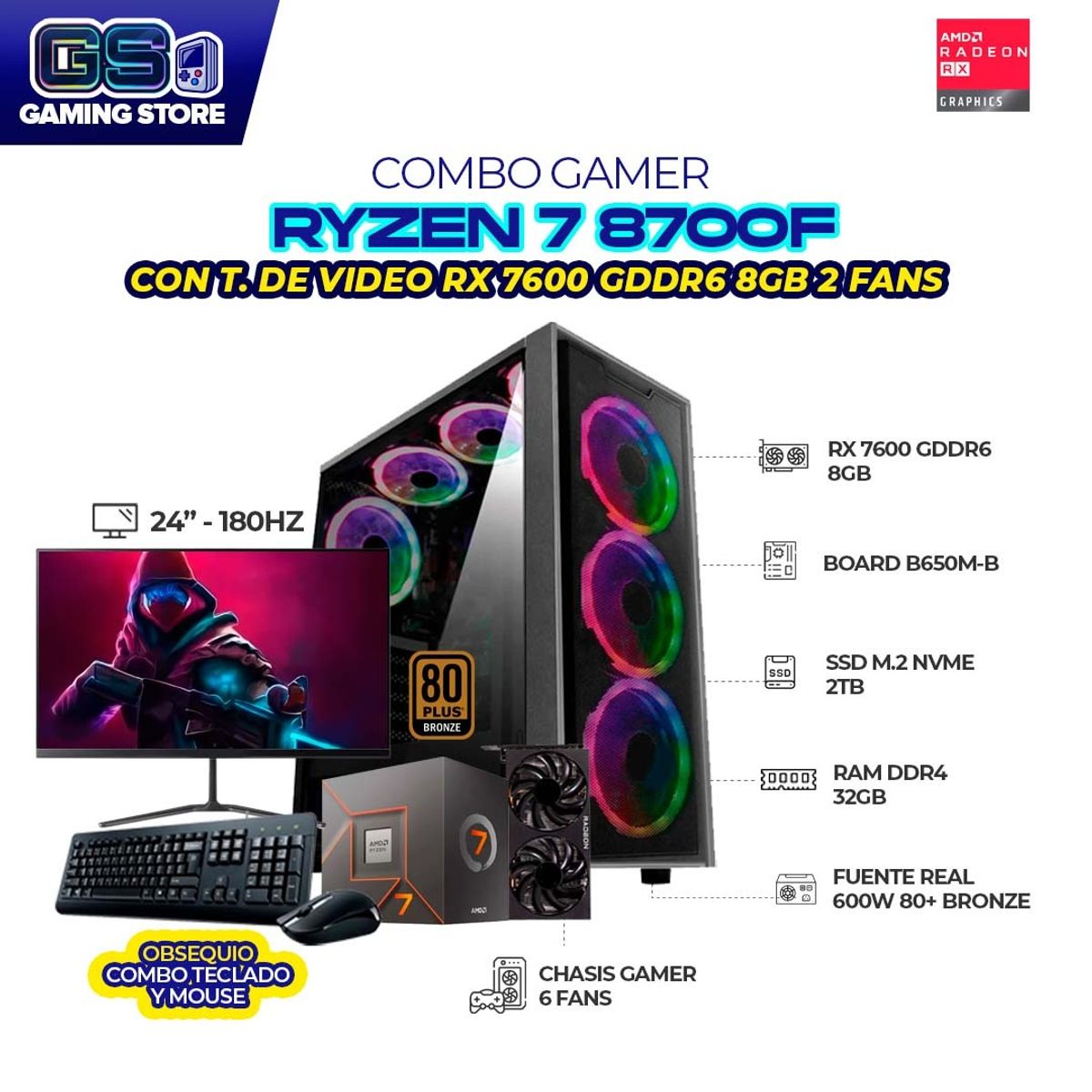 AMD - PC GAMER R7 8700F RX 7600 8GB RAM 32GB SSD 2TB + MONITOR 24" FHD 180HZ + COMBO