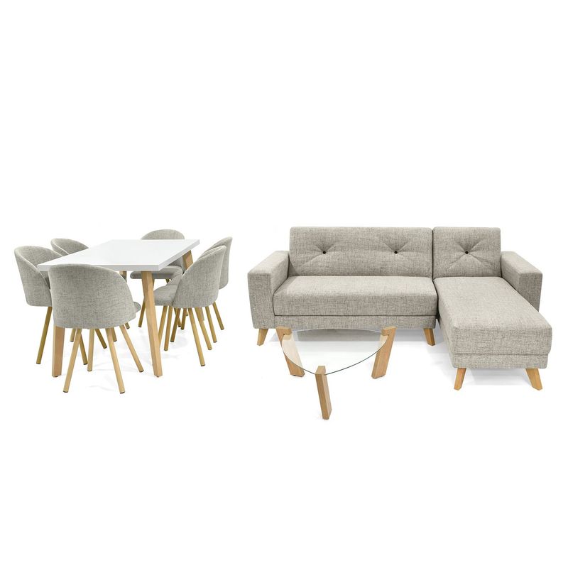 MICA - Juego de Sala Moderno en Poliéster (Sofá en L + Comedor + Mesa de Centro) Gris Moscú Mica
