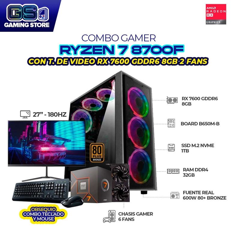 AMD - PC GAMER R7 8700F RX 7600 8GB RAM 32GB SSD 1TB + MONITOR 27" FHD 180HZ + COMBO