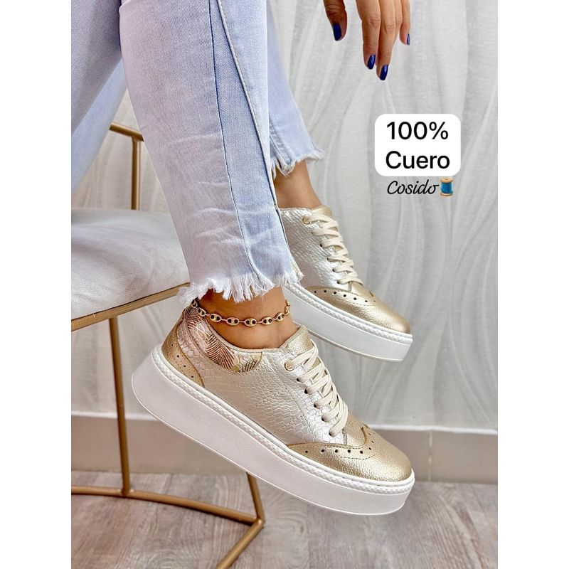 GENERICO - Tenis Mujer 100 % Cuero Cosidos Jacinta Casual Dama-Beige