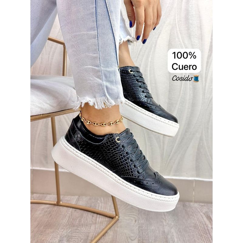 GENERICO - Tenis Dama 100 % Cuero Jacinta  Casual Cosidos Mujer-Negro