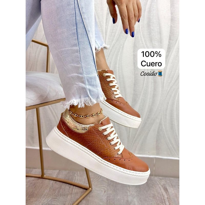 GENERICO - Tenis Mujer 100 % Cuero Cosidos Jacinta Casual Dama-Miel
