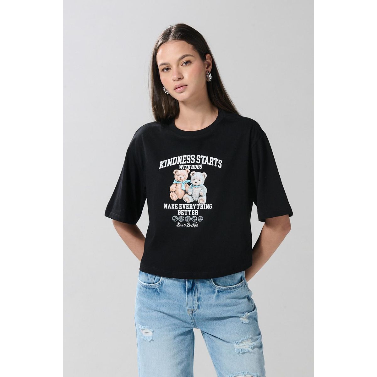 KOAJ - KOAJ Camiseta negra crop top oversize con arte de ositos Mujer