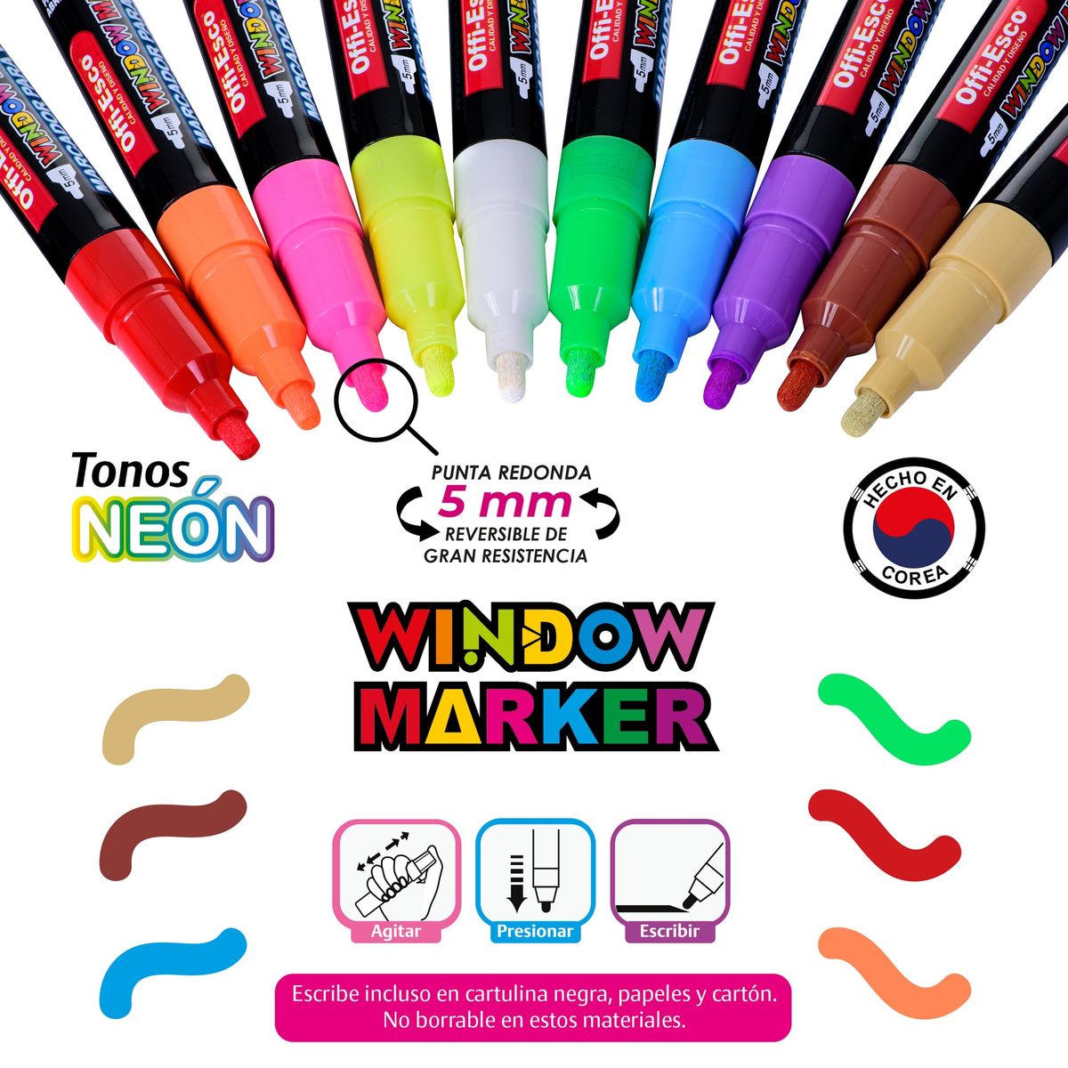OFFI ESCO - Marcador Para Vidrio Offi Esco 5mm X 10 Colores Lavables.