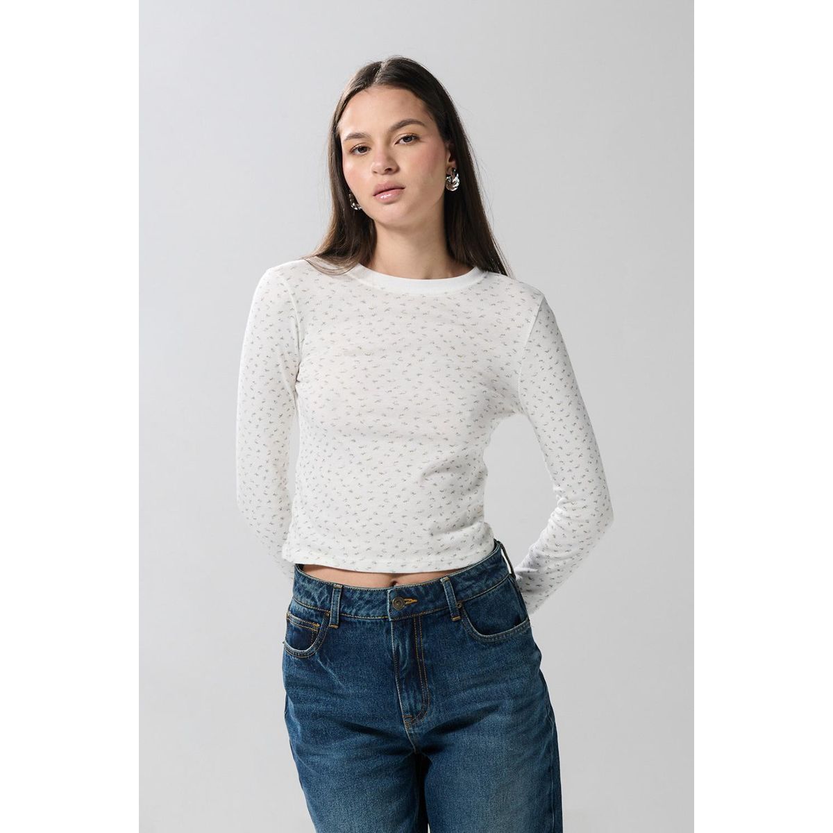 KOAJ - KOAJ Camiseta crema clara manga larga con diseños de flores Mujer
