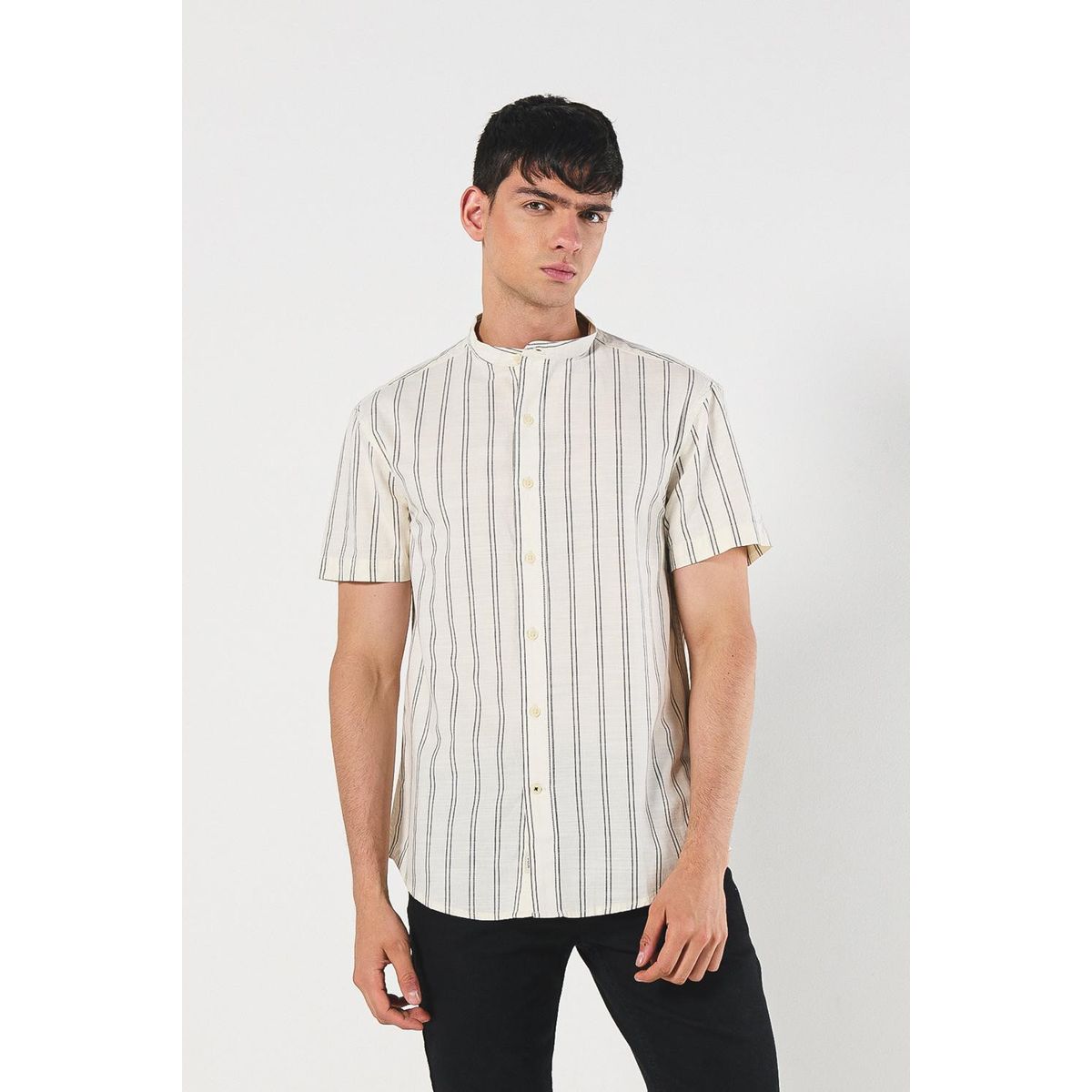 KOAJ - KOAJ Camisa a rayas unicolor en algodón con cuello nerú Hombre