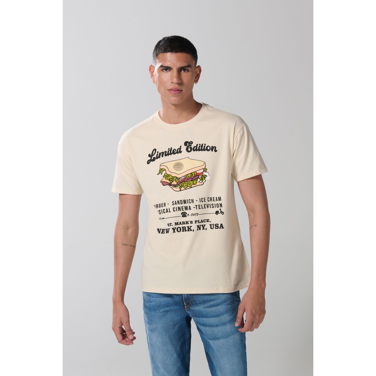 KOAJ - KOAJ Camiseta cuello redondo kaki con diseño de sándwich Hombre