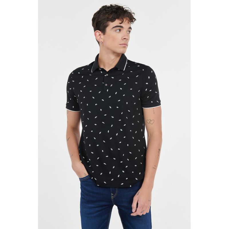 KOAJ - KOAJ Camiseta polo negra con manga corta y diseños de hojas bl HOMBRE