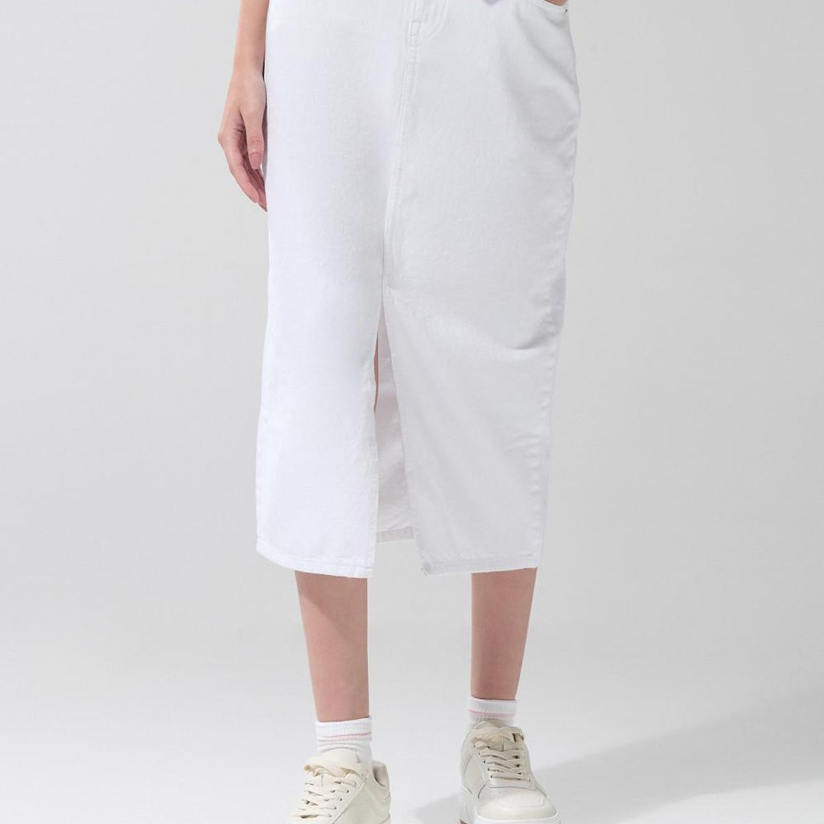KOAJ - KOAJ Falda larga en jean blanca con tiro medio y abertura Mujer