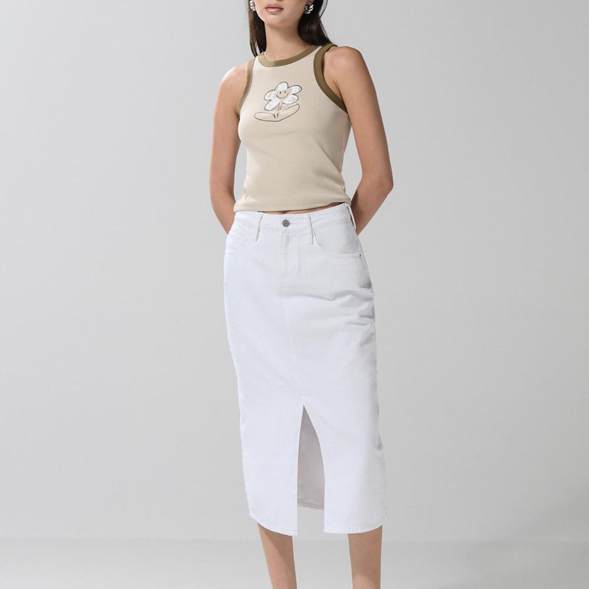 KOAJ - KOAJ Falda larga en jean blanca con tiro medio y abertura Mujer