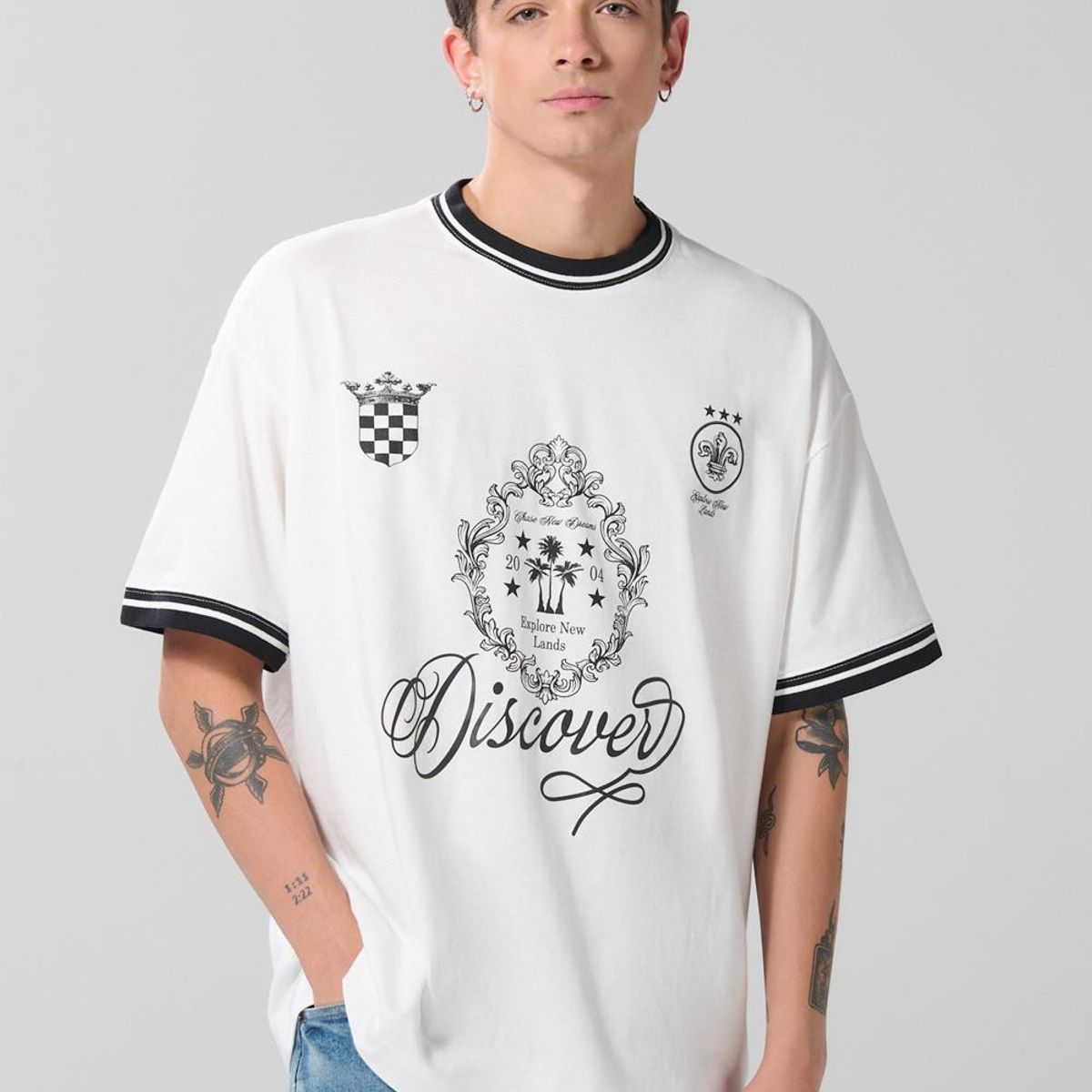 KOAJ - KOAJ Camiseta oversize crema clara estampada con manga cort Hombre