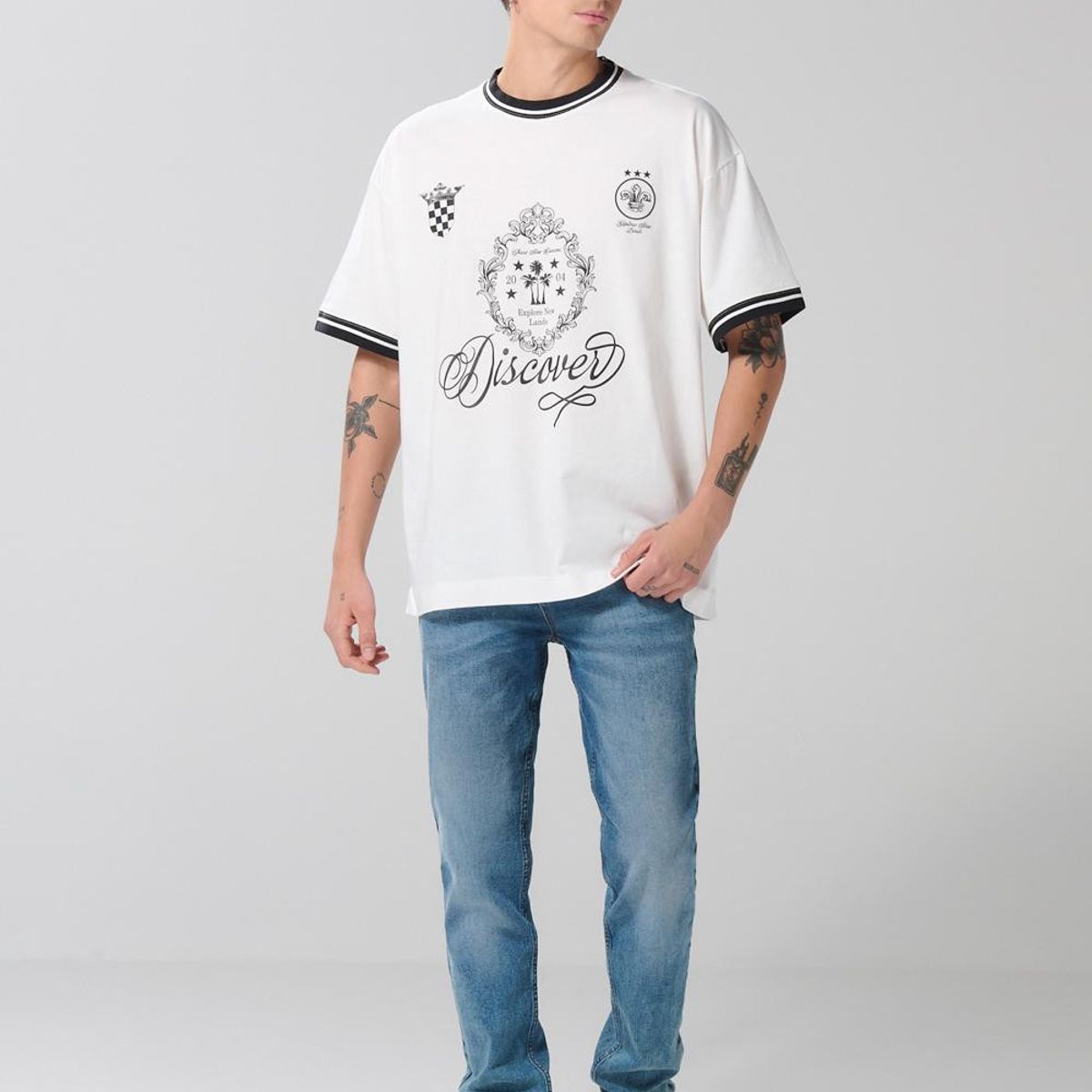 KOAJ - KOAJ Camiseta oversize crema clara estampada con manga cort Hombre