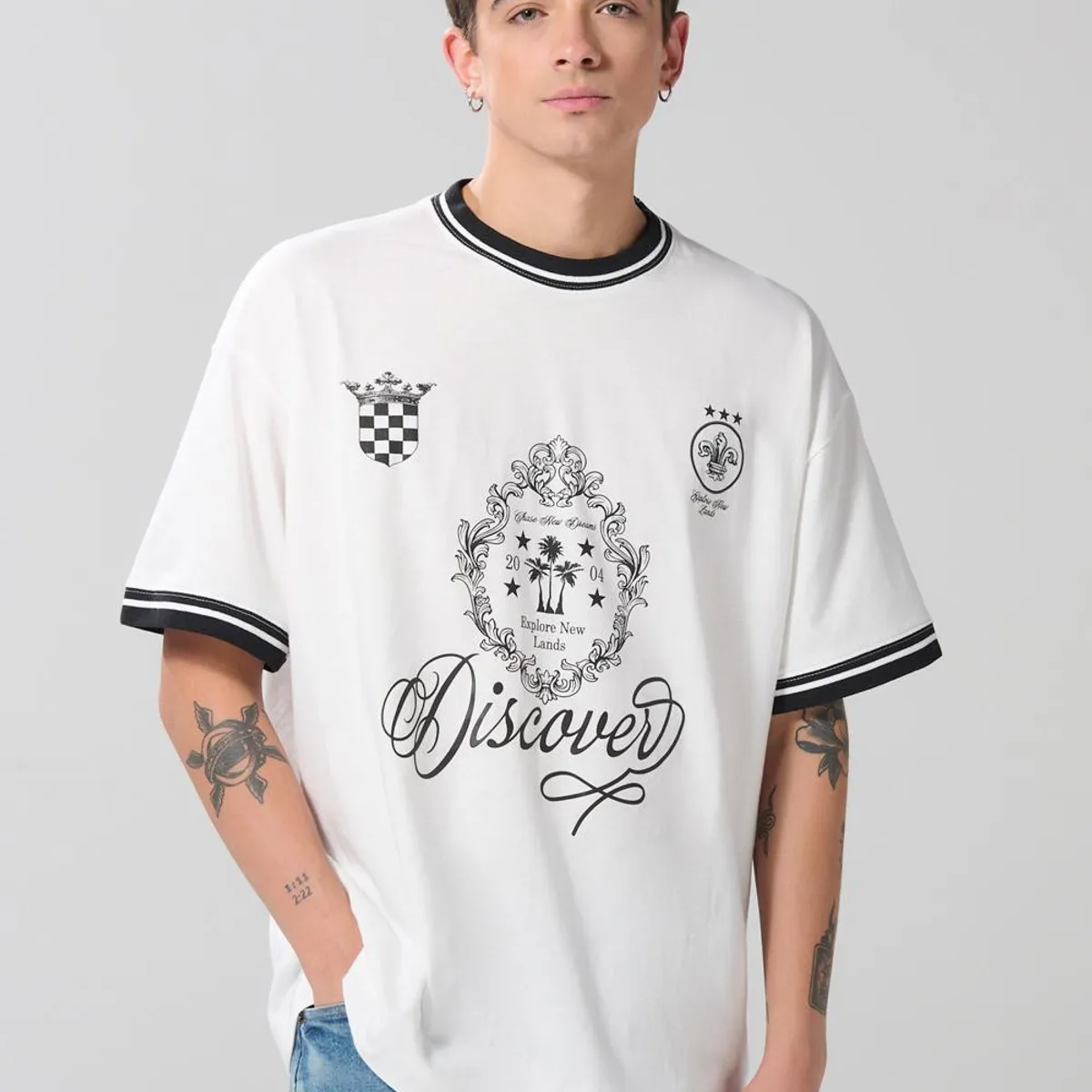 KOAJ - KOAJ Camiseta oversize crema clara estampada con manga cort Hombre