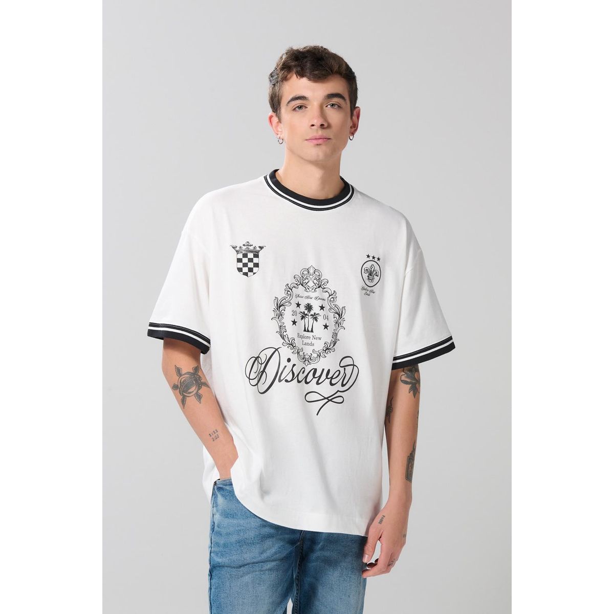 KOAJ - KOAJ Camiseta oversize crema clara estampada con manga cort Hombre