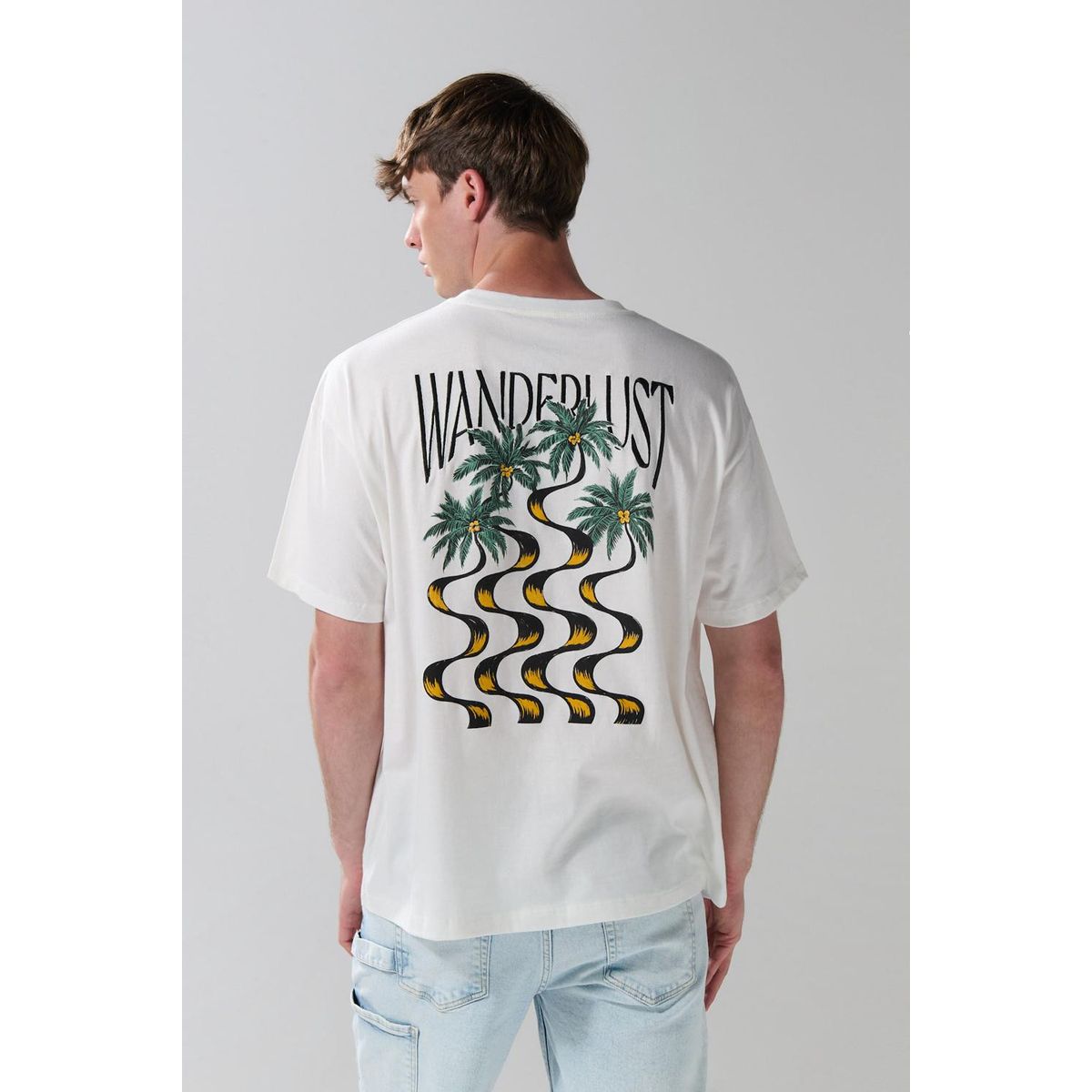 KOAJ - KOAJ Camiseta manga corta oversize crema con diseños de pla Hombre