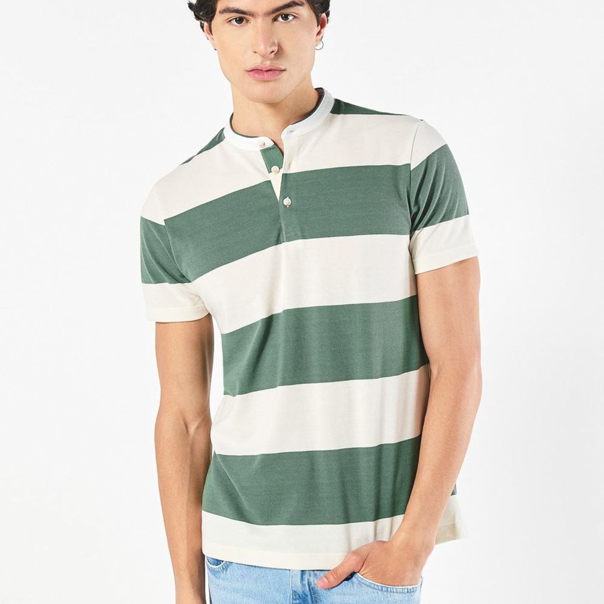KOAJ - KOAJ Camiseta polo verde clara con franjas y cuello nerú Hombre