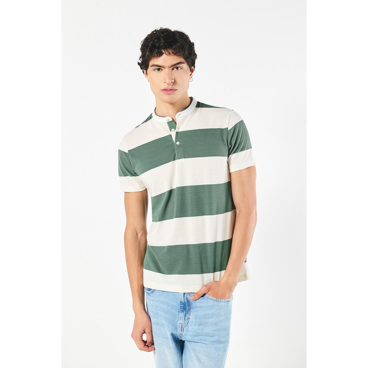KOAJ - KOAJ Camiseta polo verde clara con franjas y cuello nerú Hombre