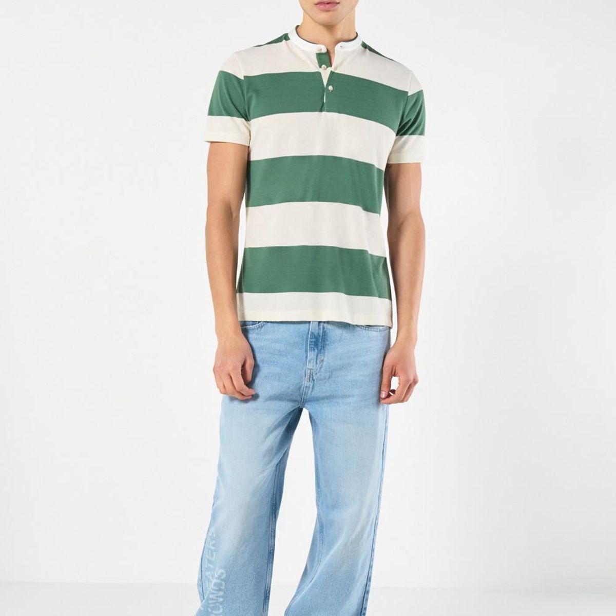 KOAJ - KOAJ Camiseta polo verde clara con franjas y cuello nerú Hombre