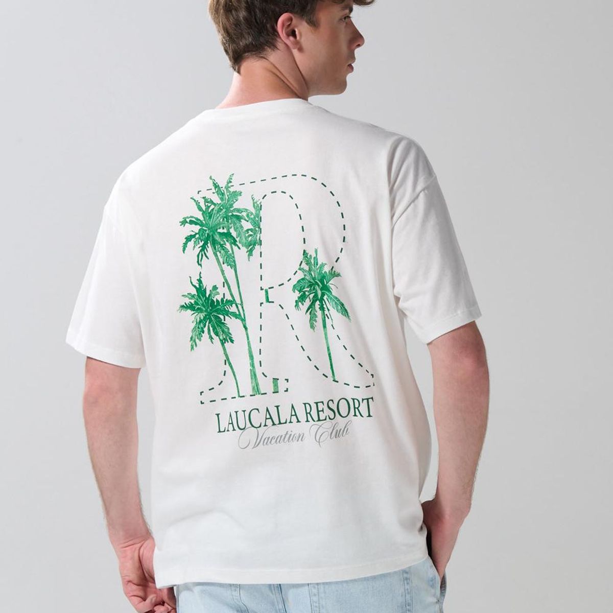 KOAJ - KOAJ Camiseta oversize crema manga corta con diseños de pla Hombre